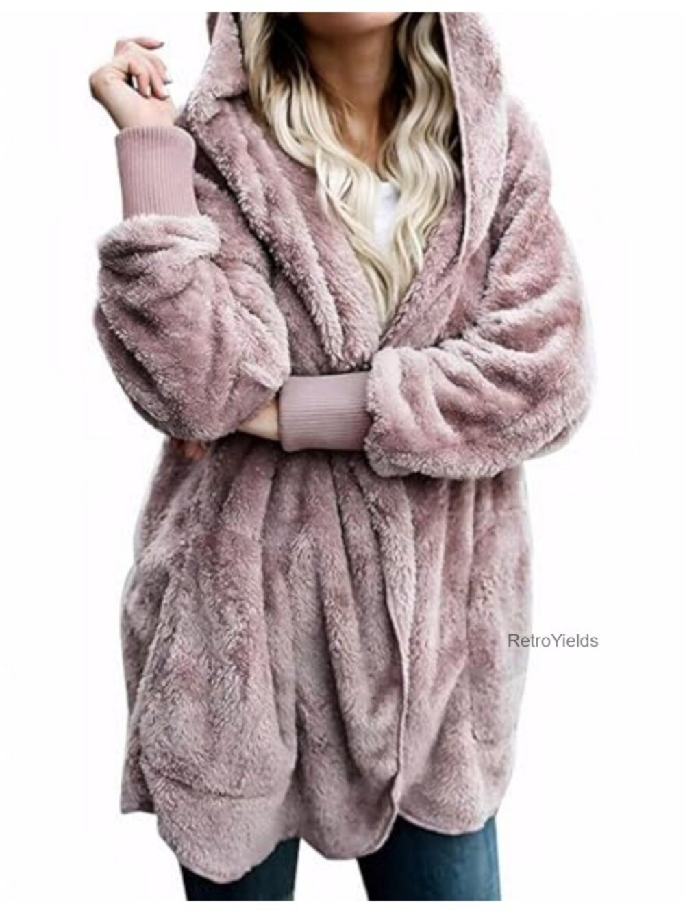 Fuzzy Fleece Hooded Cardigan Open Front Coat with Pockets